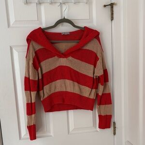J. Crew Red and Tan V-Neck Sweater